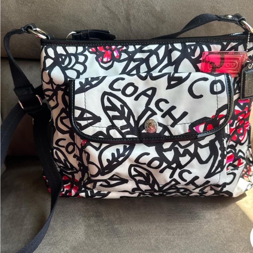 Coach Floral Black and White Crossbody Bag with Red Highlights